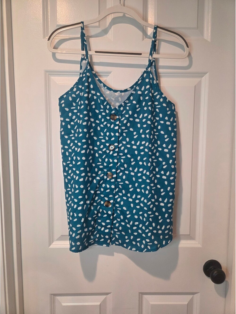 Teal and White Polka Dot Button-Up Tank Top